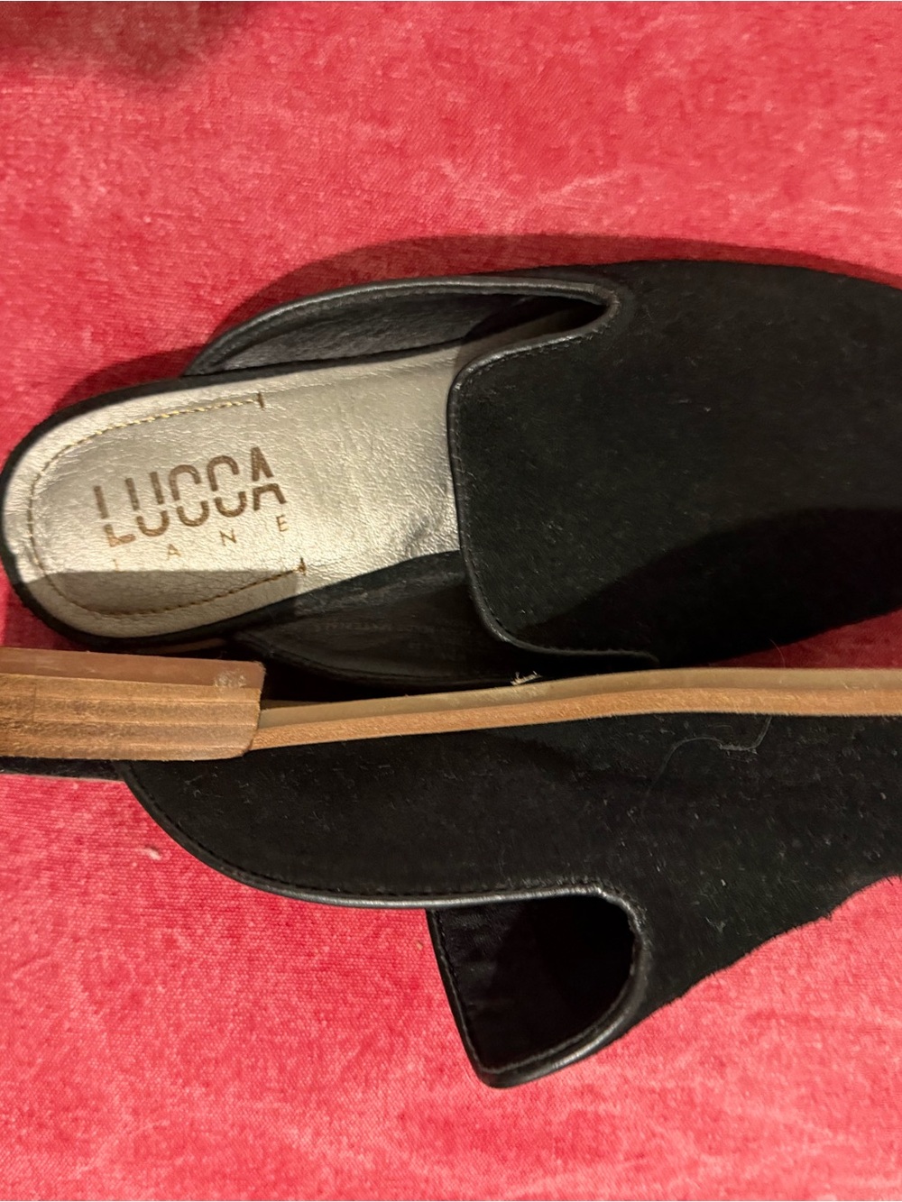 LUCCA LANE Black Suede-Look Slide Mules with Low Stacked Heel